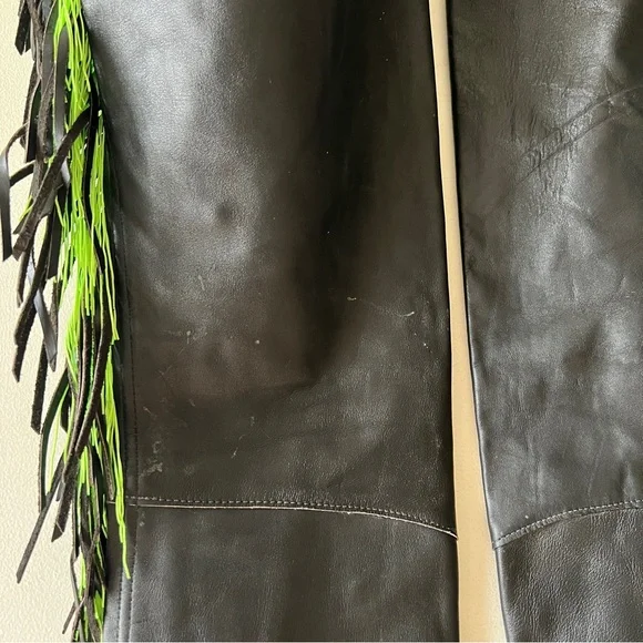 Black Leather Chaps with Green Fringe and Rhinestone Embellishments - Picture 14 of 16